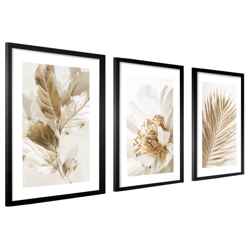 Kit 3 Quadros Decorativos Folhagem Dourada | Moderno